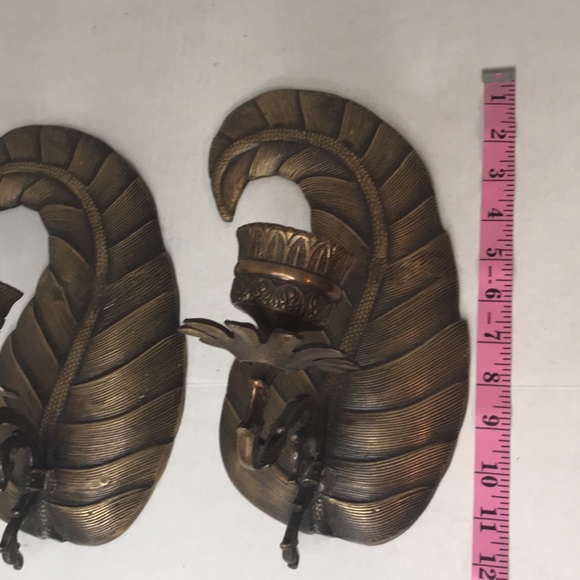 Brass Metal Palm Leaf Taper Candle Sconces Set of 2 - Picture 6 of 9